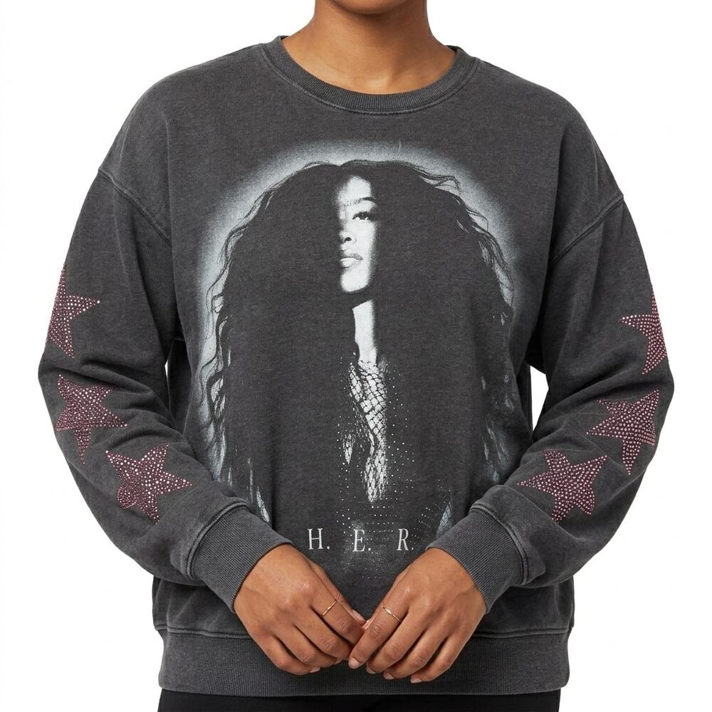 H.E.R. HER Charcoal Gray Pink Star Rhinestone Crew Neck Oversize Sweatshirt sz S